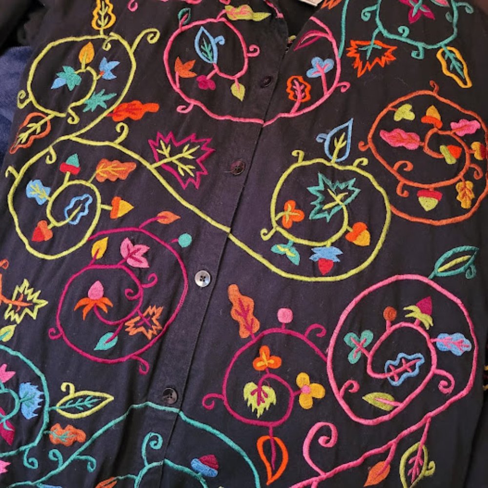 SOLD: Michael Simon Lite Embroidered Floral Johnny Was Style Top Shacket Boho L - Picture 6 of 10